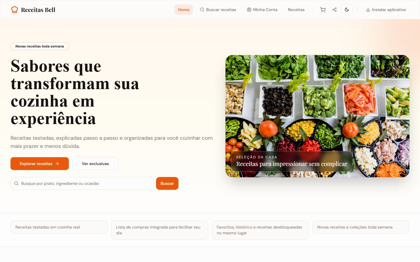 Página inicial do Receitas Bell com conteúdo de receitas